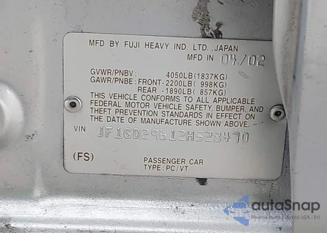 2002 Subaru Impreza Wrx z USA, uszkodzony, nr VIN JF1GD29612H528470